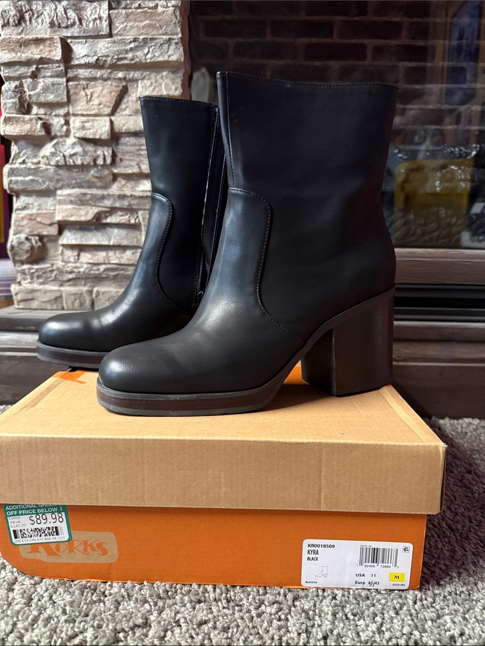 Kork-Ease Black Leather Block Heel Mid-Calf Boots